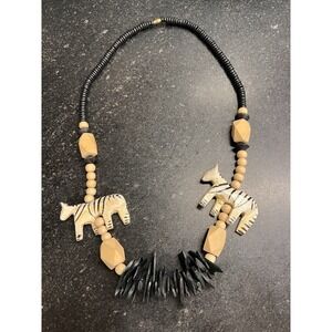 Vintage Large Necklace African Hand Carved Wooden Safari Animals Beaded 28"